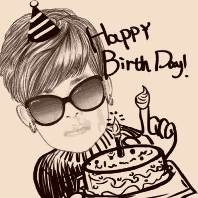 a cartoon of a woman wearing sunglasses and a party hat holding a birthday cake .