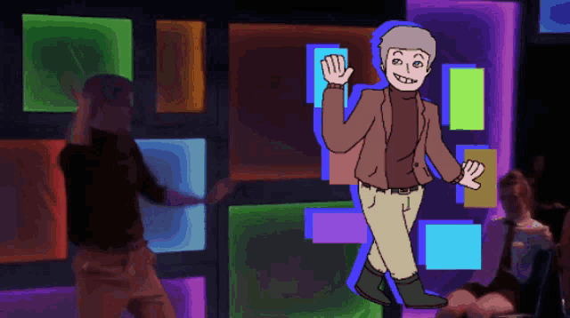 a cartoon drawing of a man dancing in front of a colorful wall