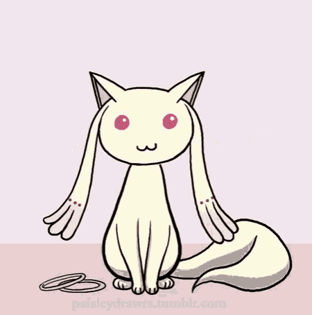 a cartoon drawing of a white cat with a red eye