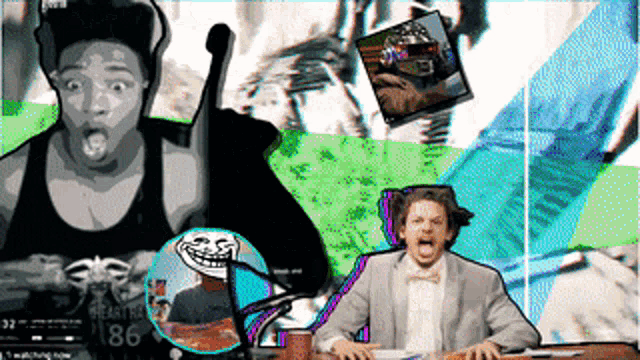 a man in a suit is sitting at a desk in front of a microphone with a troll face behind him