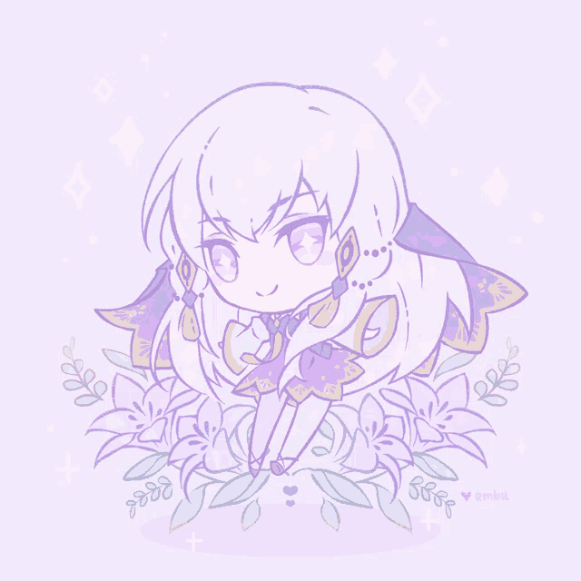 a drawing of a girl with white hair and a purple ribbon around her neck
