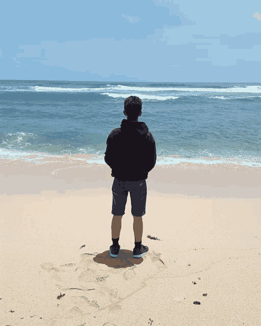 a man in a black hoodie stands on a sandy beach looking at the ocean