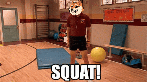 a man is squatting in a gym with the words squat written on the floor