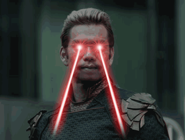 a man with two red lightsabers coming out of his eyes