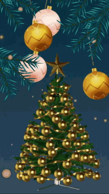 a christmas tree decorated with gold and pink ornaments