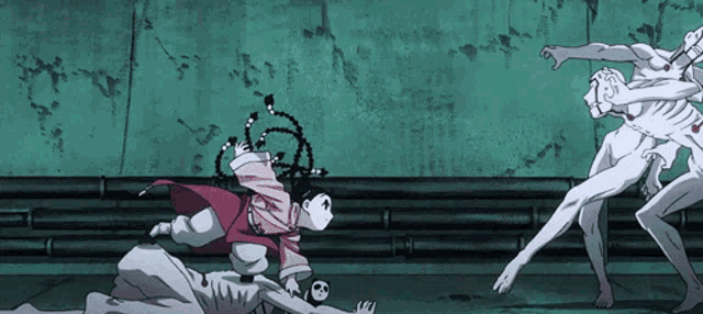 a cartoon character with a skull on the ground
