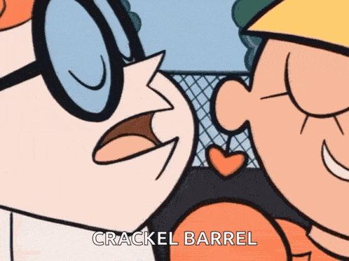 a close up of a cartoon character with the words crackel barrel below them