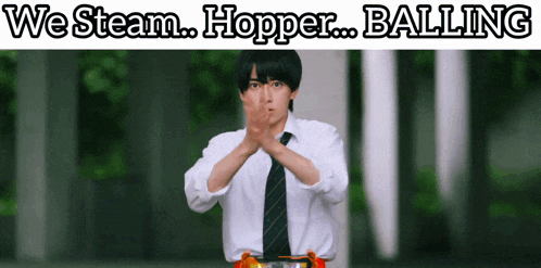 a man in a white shirt and tie with the words " we steam hopper balling " above him