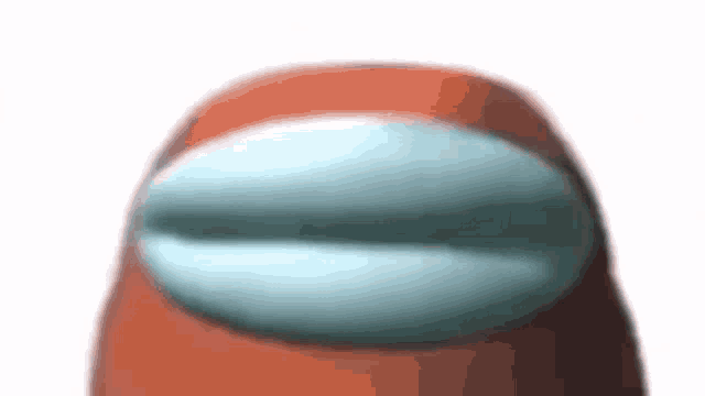 a close up of an orange among us character with a blue nose and mouth on a white background .