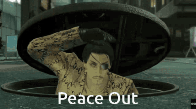 a man in a suit is standing in a manhole cover and says peace out