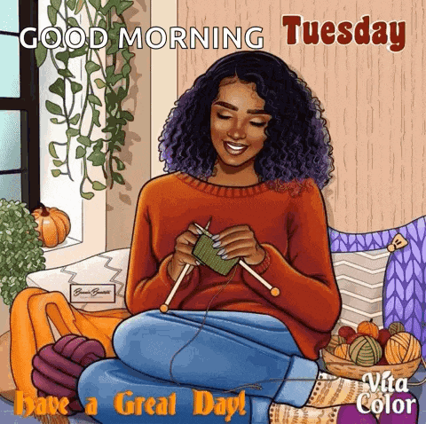 a woman is knitting while sitting on a chair .