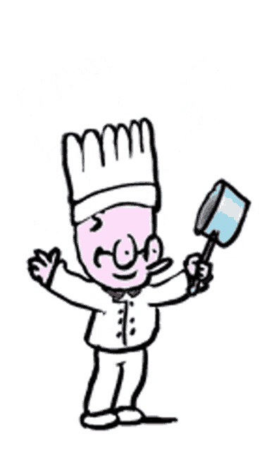 a cartoon drawing of a chef holding a pot in his hand