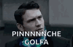 a man in a suit and scarf is making a funny face with the words pinnnnche golfa written above him .
