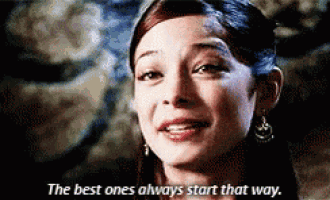 a woman is smiling and says the best ones always start that way .