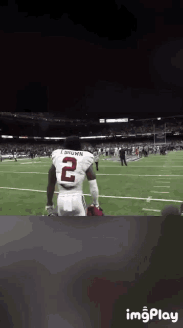 a football player with the number 2 on his jersey stands on the field