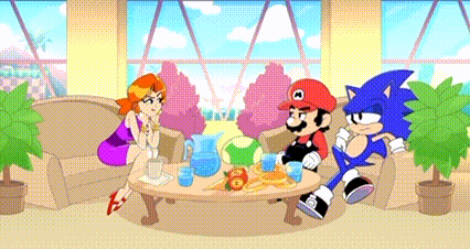a cartoon of mario , sonic and a woman sitting at a table