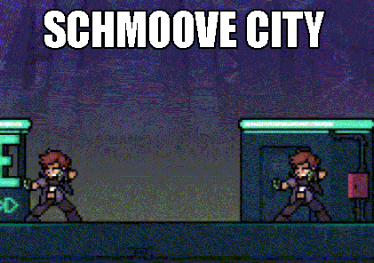a video game called schmoove city with a purple background