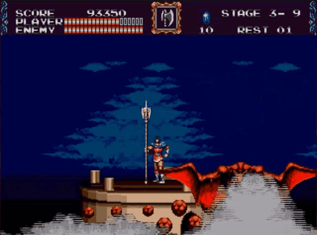 a video game screen shows a knight holding a spear and a dragon flying in the background