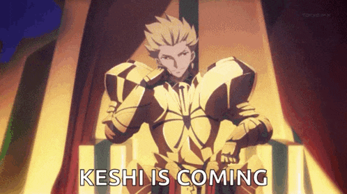 a cartoon character with the words keshi is coming
