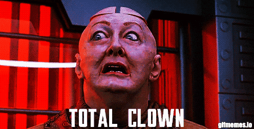 a picture of a bald woman with the words total clown above her head