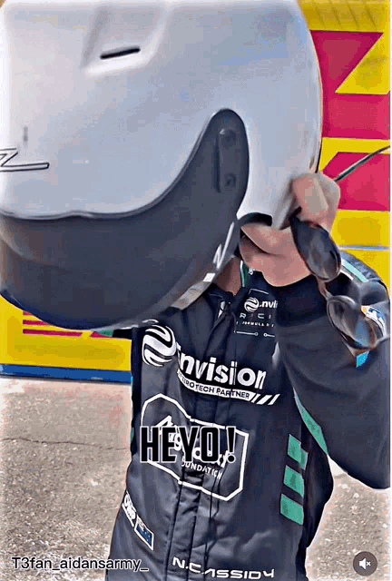 a person wearing a helmet and a shirt that says hevon