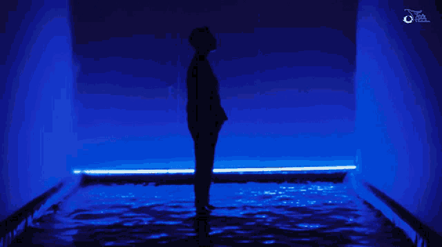 a silhouette of a person standing in a dark room with a blue light behind them