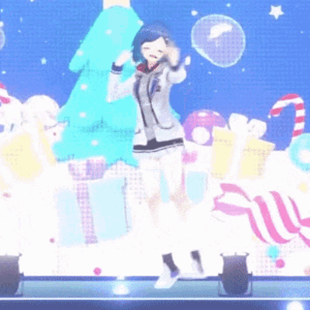 a girl is dancing on a stage in front of a christmas tree and candy canes