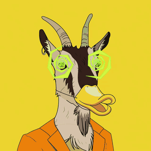 a drawing of a goat with a duck beak and green glasses