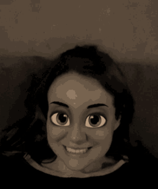 a black and white photo of a smiling woman with cartoon eyes