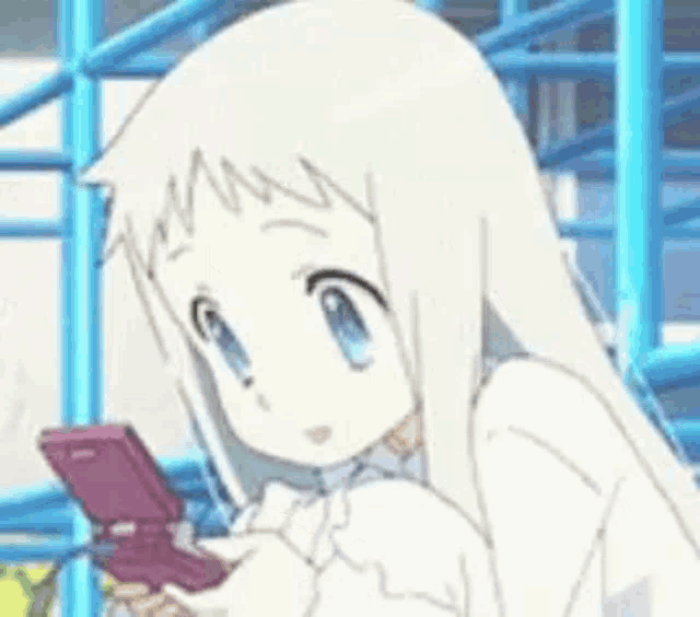 a girl with white hair and blue eyes is holding a pink phone .