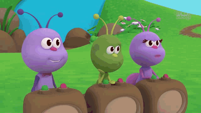 three cartoon ants are sitting on a tractor with the word abc on the bottom left