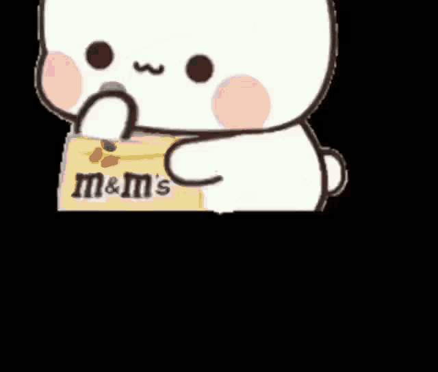 a cartoon teddy bear is holding a bag of m & m 's candy .