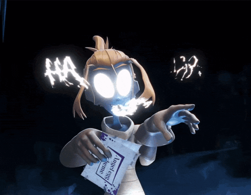 a cartoon character is holding a bag that says angel egg creme