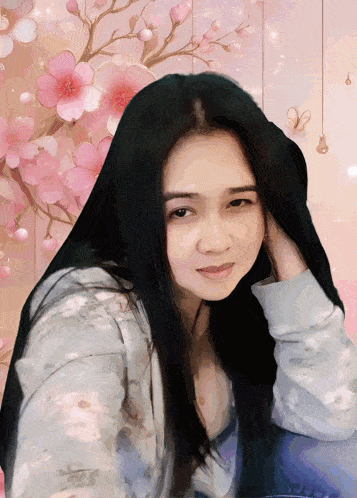 a painting of a woman with long black hair and flowers in the background