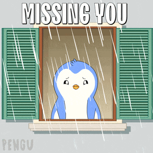 a penguin looking out a window with the words missing you