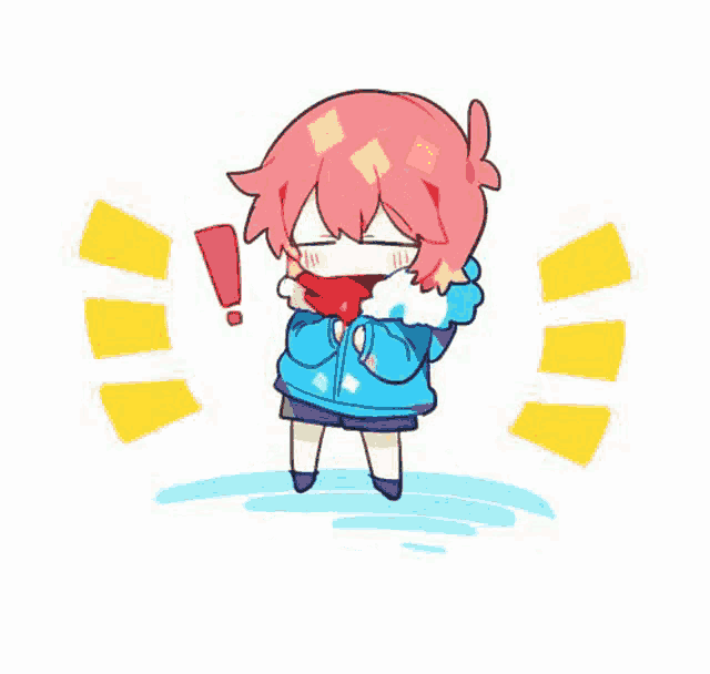 a cartoon of a girl with pink hair wearing a scarf and a blue jacket .