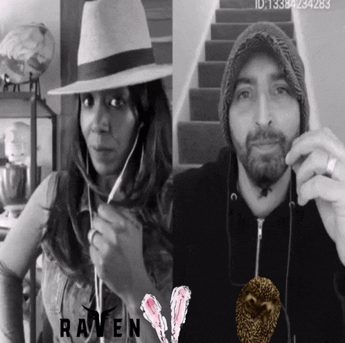 a black and white photo of a man and a woman with the word raven on the bottom right