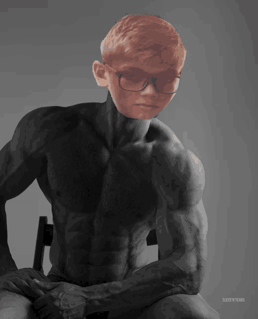 a shirtless man with glasses sits in a chair with sleek n tears written on the bottom right