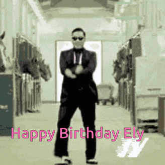 a man is dancing in a hallway with horses and the words happy birthday ely written on the bottom