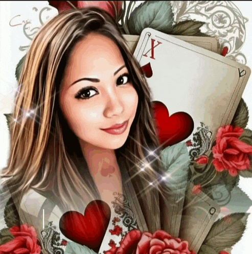 a woman is holding a playing card with a x on it