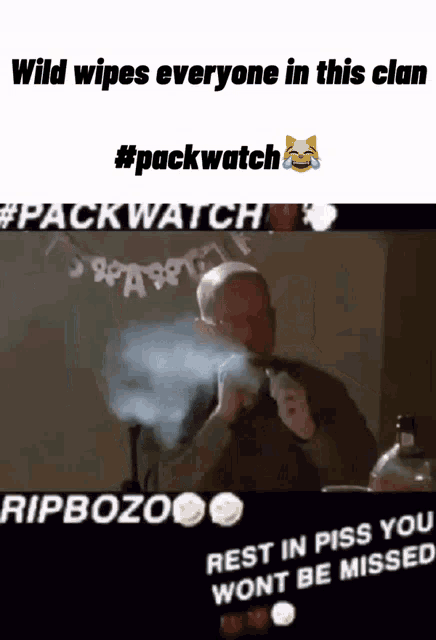 a man is smoking a cigarette in front of a banner that says packwatch