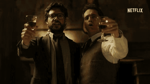 two men are toasting with wine glasses and the word netflix is visible in the corner