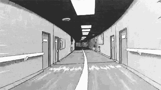a black and white drawing of a hospital hallway with a white line going through it