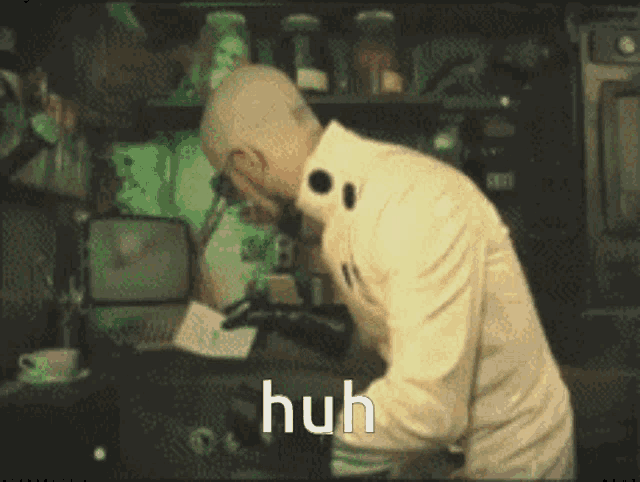 a man in a lab coat is looking through a magnifying glass and the word huh is visible