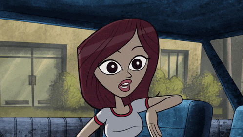 a cartoon character with red hair is sitting in the back seat of a car