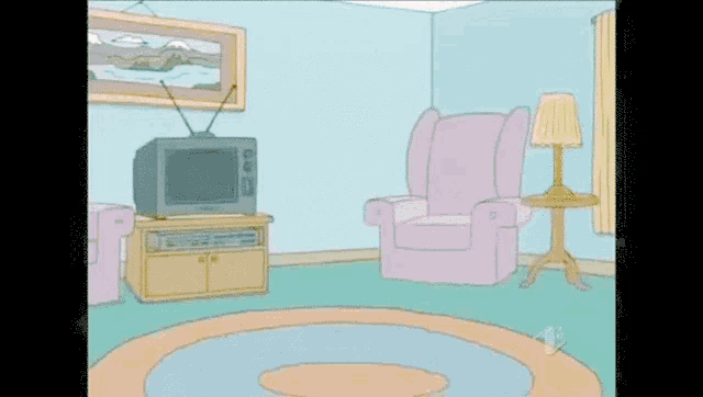 a cartoon of peter griffin in a living room with a tv