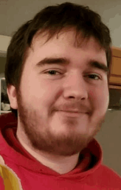 a man with a beard and a red hoodie is smiling for the camera .