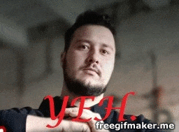 a man with a beard is standing with his hands folded in front of a sign that says yeah freegifmaker.me .