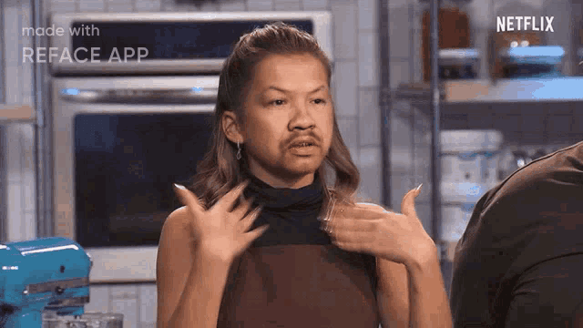 a woman with a fake mustache is wearing a black turtleneck .