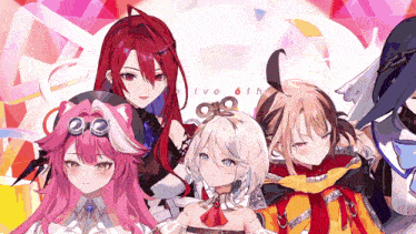 a group of anime girls are standing in front of a sign that says live 6th on it